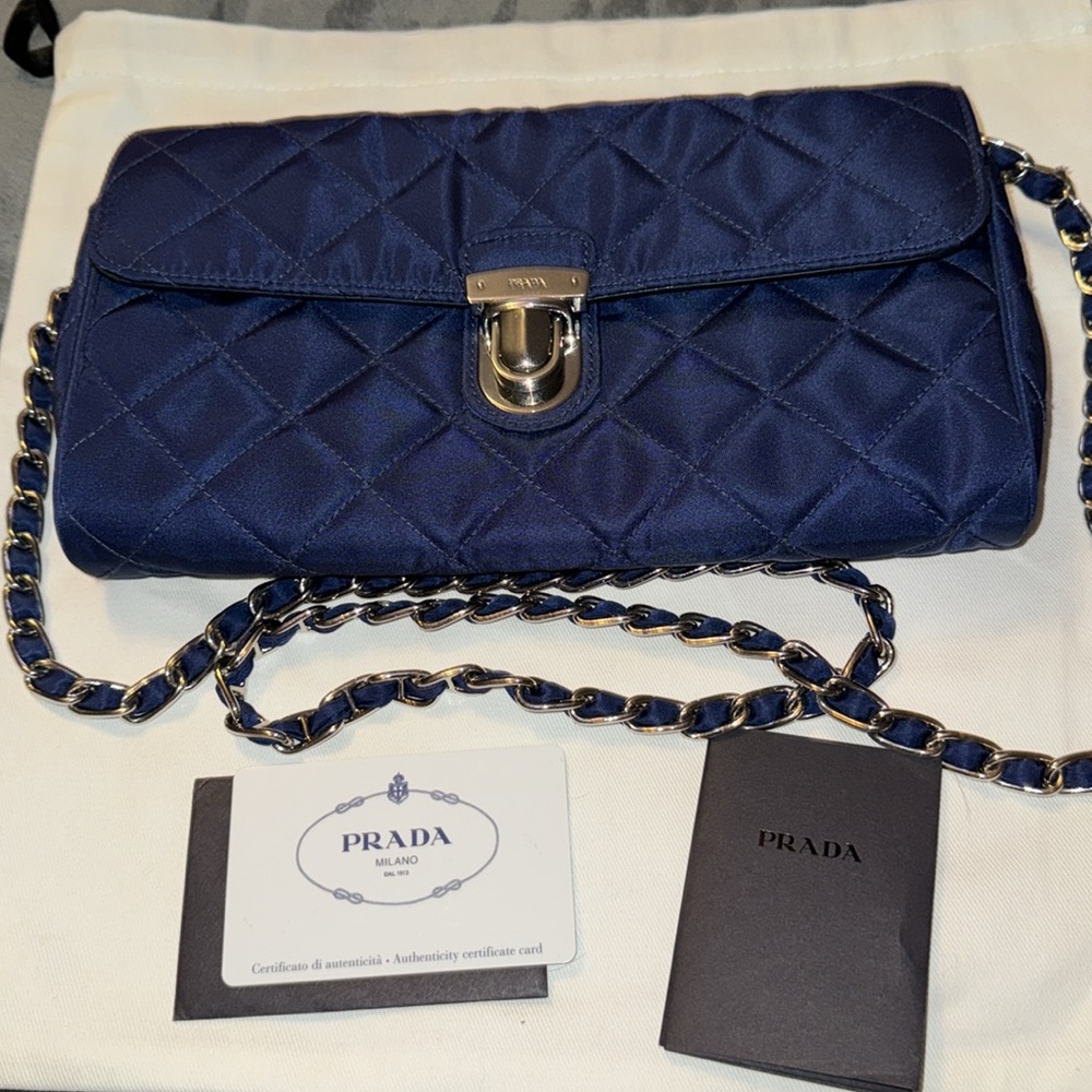 Preloved Prada quilted nylon shoulder bag navy blue pristine condition 9 1/2”X 6 - Picture 1 of 8